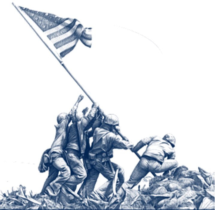 Line drawing of a United States veterans memorial: service members raising the national flag